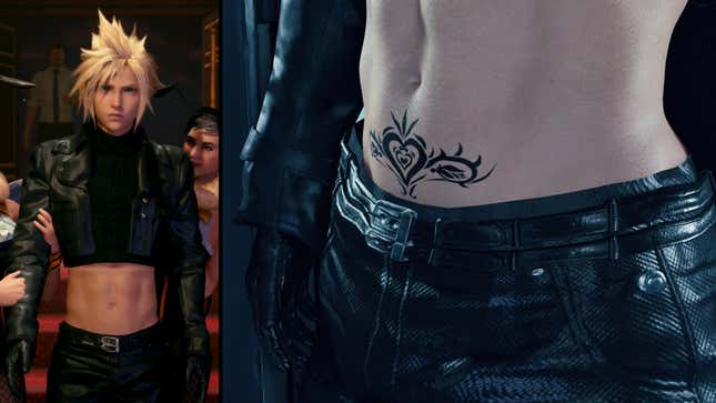 Two images of Final Fantasy VII hero cloud, one with a bare midriff and another a close-up shot of his tattooed stomach.