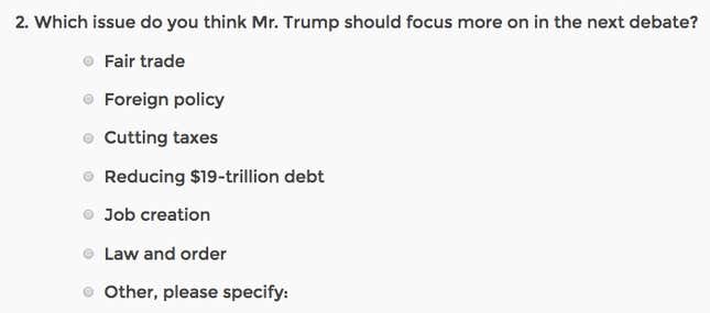 Image for article titled All of the questions on the survey Donald Trump just sent out to crowdsource advice for the second debate