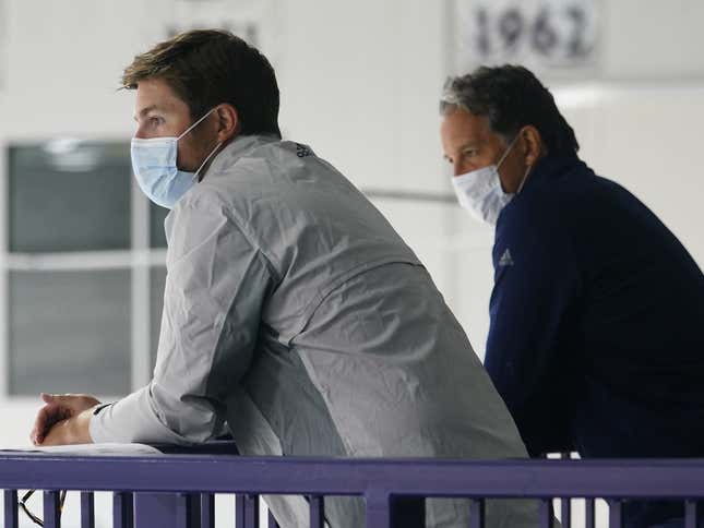 Jul 13, 2020; Toronto, Ontario, Canada; Toronto Maple Leafs general manager Kyle Dubas (left) and president Brendan Shanahan (right) watch a NHL workout at the Ford Performance Centre.