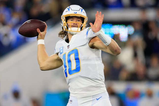 Chargers quarterback Justin Herbert looks to throw during the first quarter of an NFL first round playoff game against the Jaguars.

Syndication Florida Times Union