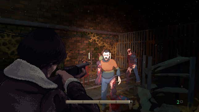 The Holstin protagonist shoots an approaching zombie.