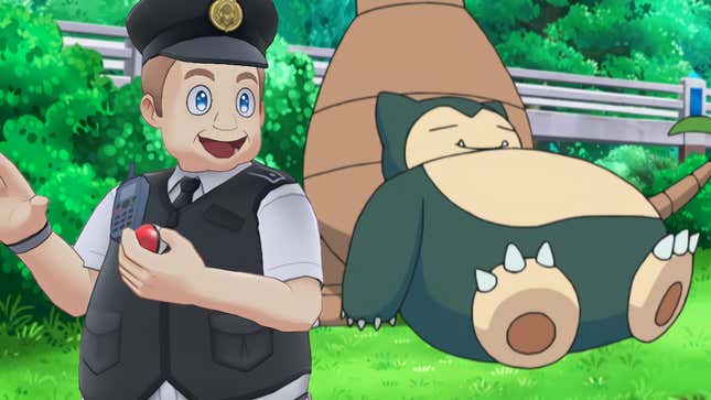 A cop stares lovingly at a sleeping Snorlax.