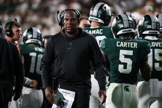 Michigan State coach Mel Tucker looks on after a touchdown against Central Michigan during the second half at Spartan Stadium in East Lansing on Sept. 1, 2023.