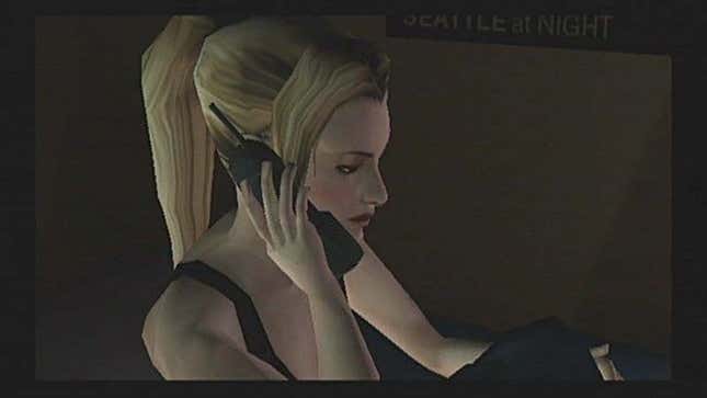 Alexandra Roivas takes a call on the world's most rudimentary cell phone in Eternal Darkness, one of the best games of 2002.