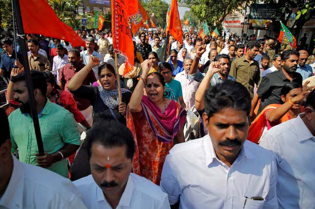 Supporters of the BJP and the Hindu nationalist organisation, Rashtriya Swayamsevak Sangh (RSS), protesting in Kochi, Kerala, on Jan. 03.