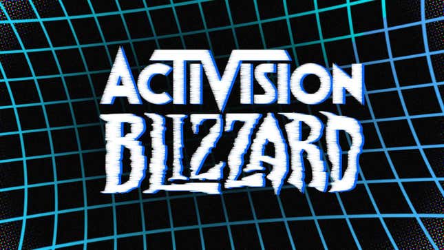 The Activision Blizzard logo floats in front of a black background and a blue grid. 