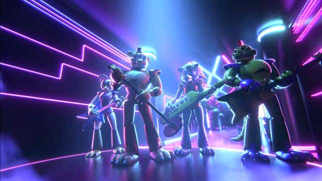 A group shot of Freddy's '80s glam-rock bank in Security Breach.
