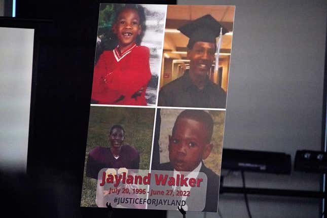 This is a poster on the stage during a news conference following the funeral service for Jayland Walker at the Akron Civic Center in Akron, Ohio, Wednesday, July 13, 2022. On June 27, 2022 Walker was unarmed when Akron police chased him on foot and killed him in a hail of bullets, but officers believed he had shot at them earlier from a vehicle and feared he was preparing to fire again, authorities said.