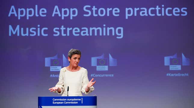 Margrethe Vestager, executive vice president of the European Commission fit for the Digital Age, at a press conference announcing the EU has charged Apple with antitrust violations.