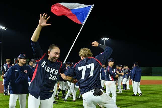 Team Czech Republic celebrates qualifying for the World Baseball Classic after defeating Team Spain on Sept. 21, 2022.