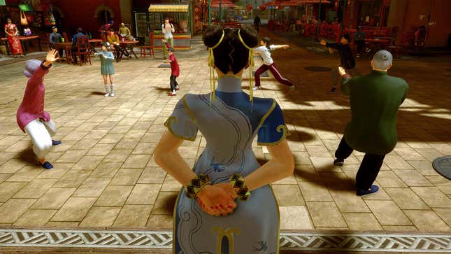 In Street Fighter 6's World Tour Mode Chun-Li looks out over practicing students.