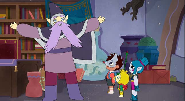 A wizard with a purple cape and purple beard stands with three small children in a scene from animated series Wolfboy and the Everything Factory. 