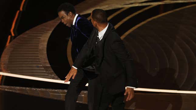 Will Smith appears to slap Chris Rock onstage during the 94th Annual Academy Awards on March 27, 2022 in Hollywood, California.