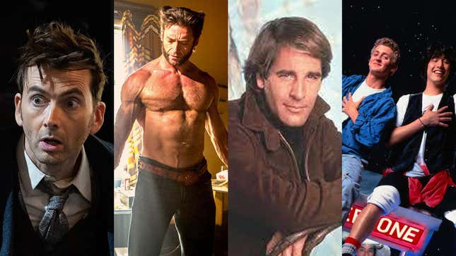 A collage of a surprised Doctor, a shirtless Wolverine, a smug Dr, Sam Beckett, and a triumphant Bill and Ted.