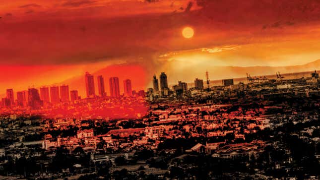 A landscape shows a dramatic composite of a sprawling city.