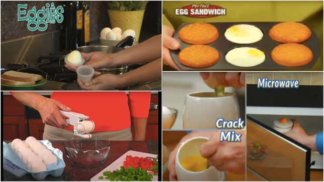 Screenshots from various commercials with allegedly time-saving egg devices