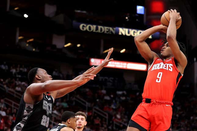 Mar 5, 2023; Houston, Texas, USA; Houston Rockets guard Josh Christopher (9) shoots against San Antonio Spurs center Charles Bassey (28) during the second quarter at Toyota Center.