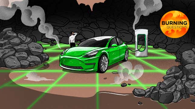 An illustration of a green electric vehicle plugged into a charging station surrounded by piles of coal.
