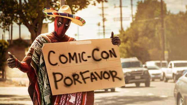 A rather insensitive 2015 photo Ryan Reynolds shared on Twitter of Deadpool wearing a sombrero and holding a sign that reads "Comic-Con porfavor"