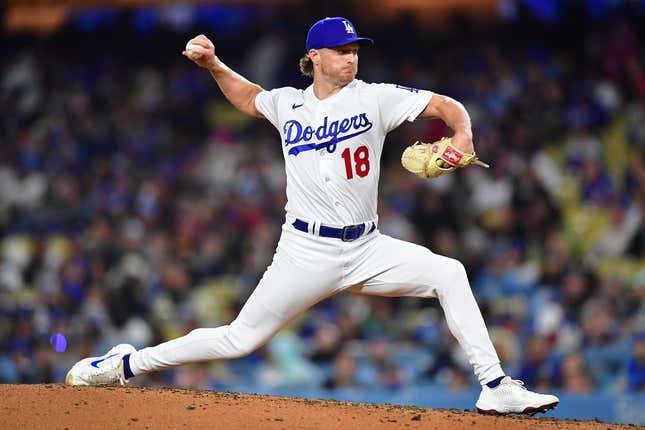 May 16, 2023; Los Angeles, California, USA; Los Angeles Dodgers relief pitcher Shelby Miller (18) throws against the Minnesota Twins during the fifth inning at Dodger Stadium.