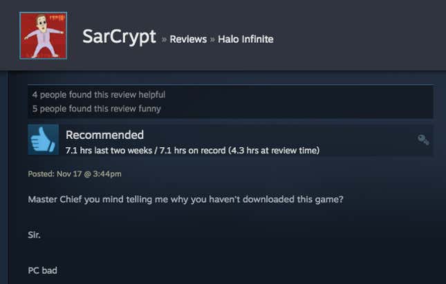 Image for article titled Halo Infinite’s Multiplayer, As Told By Steam Reviews