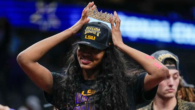 LSU’s Angel Reese reacts after the NCAA Women’s Final Four championship basketball game against Iowa Sunday, April 2, 2023, in Dallas.