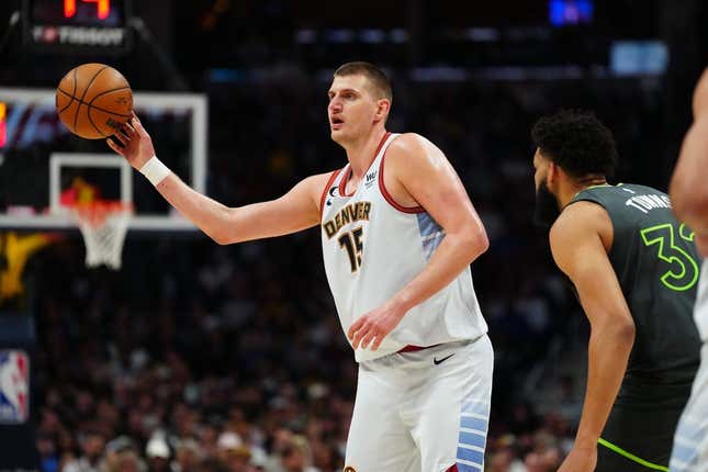 Apr 25, 2023; Denver, Colorado, USA; Denver Nuggets center Nikola Jokic (15) passes in the first half against the Minnesota Timberwolves in game five of the 2023 NBA Playoffs at Ball Arena.