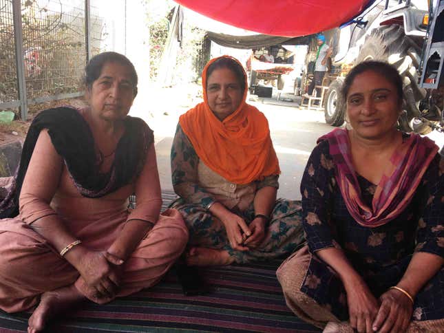 Sharanjeet Kaur (left), Harpreet Kaur (centre) and Gurpreet Kaur (right) came to Tikri border from Ludhiana, Punjab.