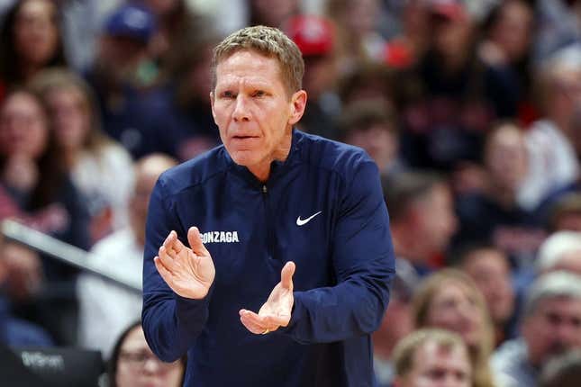 Mar 19, 2023; Denver, CO, USA; Gonzaga Bulldogs head coach Mark Few reacts in the first half against the TCU Horned Frogs at Ball Arena.