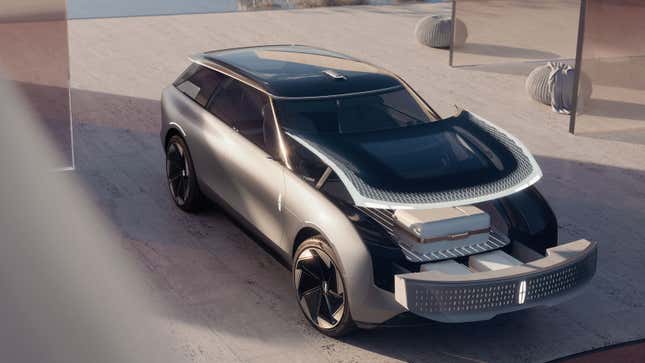 A render of the Lincoln Star concept car with its front trunk open. 