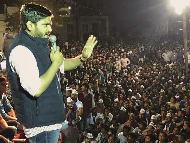 Hardik Patel addressing a gathering in Dholka in Ahmedabad district.
