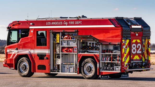A photo showing all the cargo storage space on the LAFD's Rosenbauer fire truck.