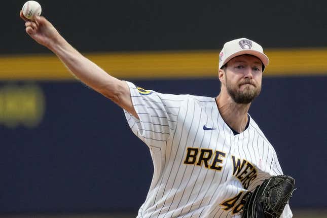 May 14, 2023; Milwaukee, Wisconsin, USA; Milwaukee Brewers starting pitcher Colin Rea (48) throws during the first inning of their game against the Kansas City Royals.