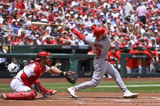 May 4, 2023; St. Louis, Missouri, USA;  Los Angeles Angels left fielder Taylor Ward (3) hits a one run sacrifice fly against the St. Louis Cardinals during the third inning at Busch Stadium.