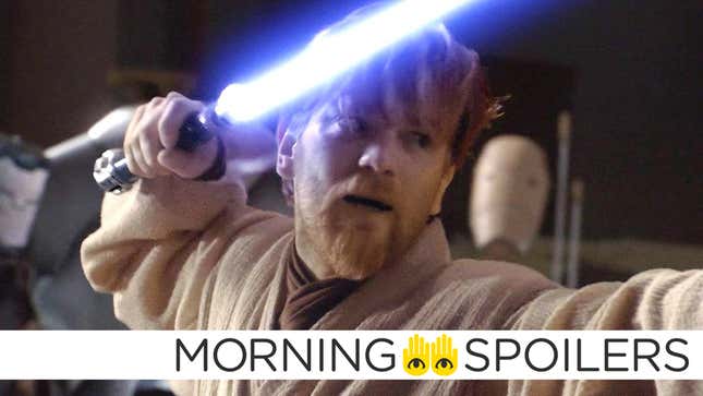 Ewan McGregor's Obi-Wan Kenobi in his tan robes holding his blue lightsaber aloft, ready to fight some battle droids.