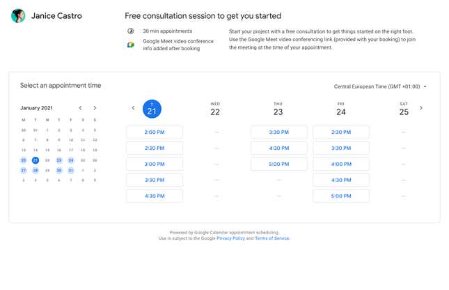 A screenshot of the appointment scheduling option