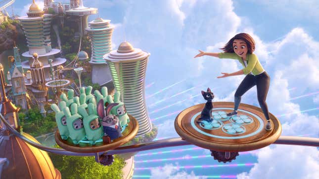 two platforms fly over an alien city, one has a cat, the other rabbits