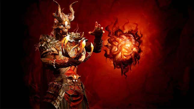 An image shows a warrior in red and gold armor using strange, worm magic. 