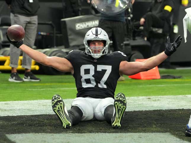 Nov 13, 2022; Paradise, Nevada, USA; Las Vegas Raiders tight end Foster Moreau (87) celebrates after scoring a touchdown against the Indianapolis Colts during the first half at Allegiant Stadium.