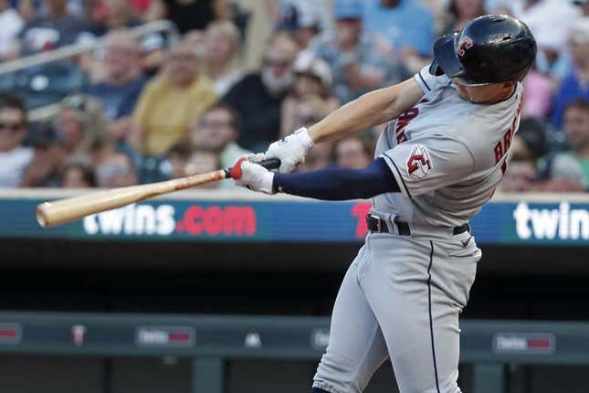 Jun 3, 2023; Minneapolis, Minnesota, USA; Cleveland Guardians right fielder Will Brennan (17) hits a two-run home run against the Minnesota Twins in the seventh inning at Target Field.