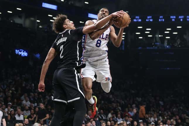Apr 20, 2023; Brooklyn, New York, USA; Philadelphia 76ers guard De&#39;Anthony Melton (8) looks to drive past Brooklyn Nets forward Cameron Johnson (2) during game three of the 2023 NBA playoffs at Barclays Center.
