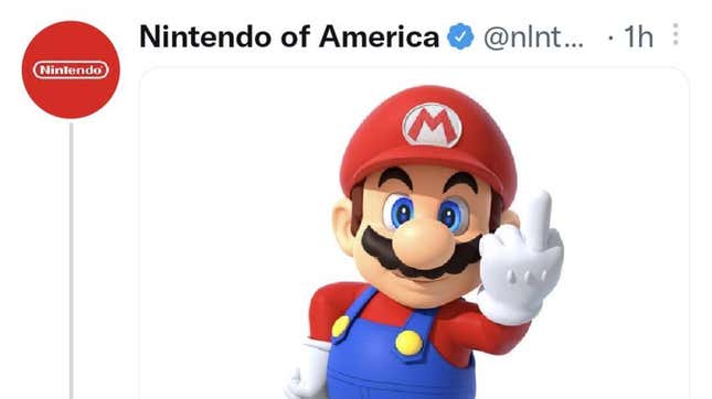 Mario holding up the middle finger in a tweet by a fake Nintendo of America.
