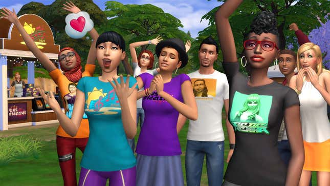 A group of Sims from The Sims 4 gather at a fairground for the Sims Sessions music festival. 
