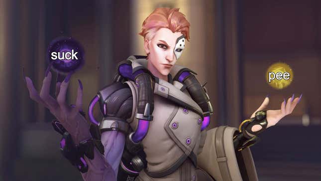 Moira in Overwatch, holding her damage and healing orbs.