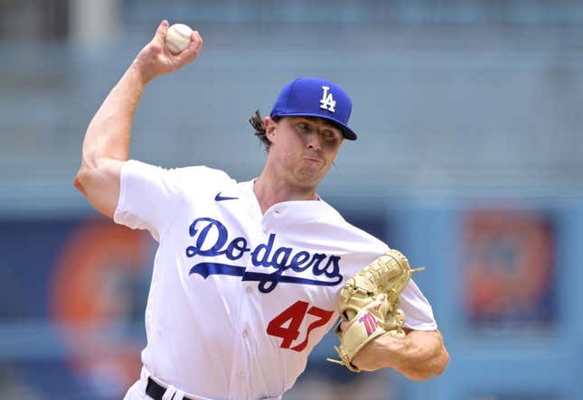 Aug 19, 2023; Los Angeles, California, USA;  Los Angeles Dodgers pitcher Ryan Pepiot (47) throws to the plate in the fourth inning against the Miami Marlins at Dodger Stadium.