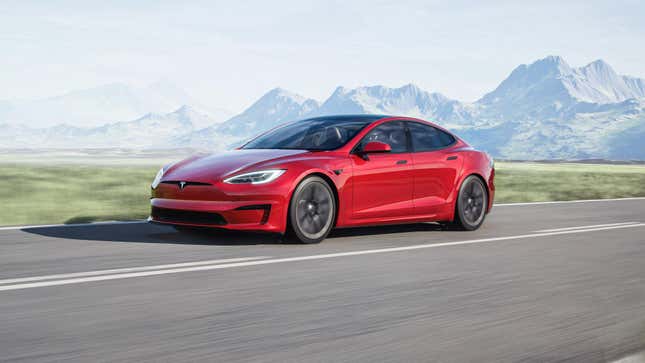 A Tesla Model S, rendered driving down a road