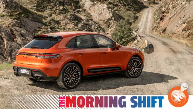 Porsche press image of an orange Macan S on a dirt road, with the Jalopnik "Morning Shift" banner overlaid.