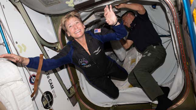 Ax-2 Commander Peggy Whitson boarding the ISS at the start of the mission. 