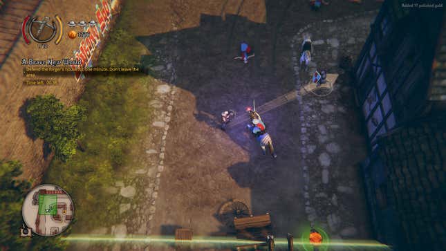 The player fighting off royal guards using a crossbow.