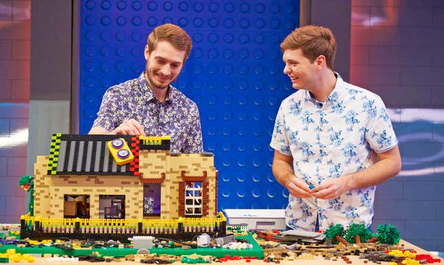 Lego Masters winners mark and steve build a haunted house.
